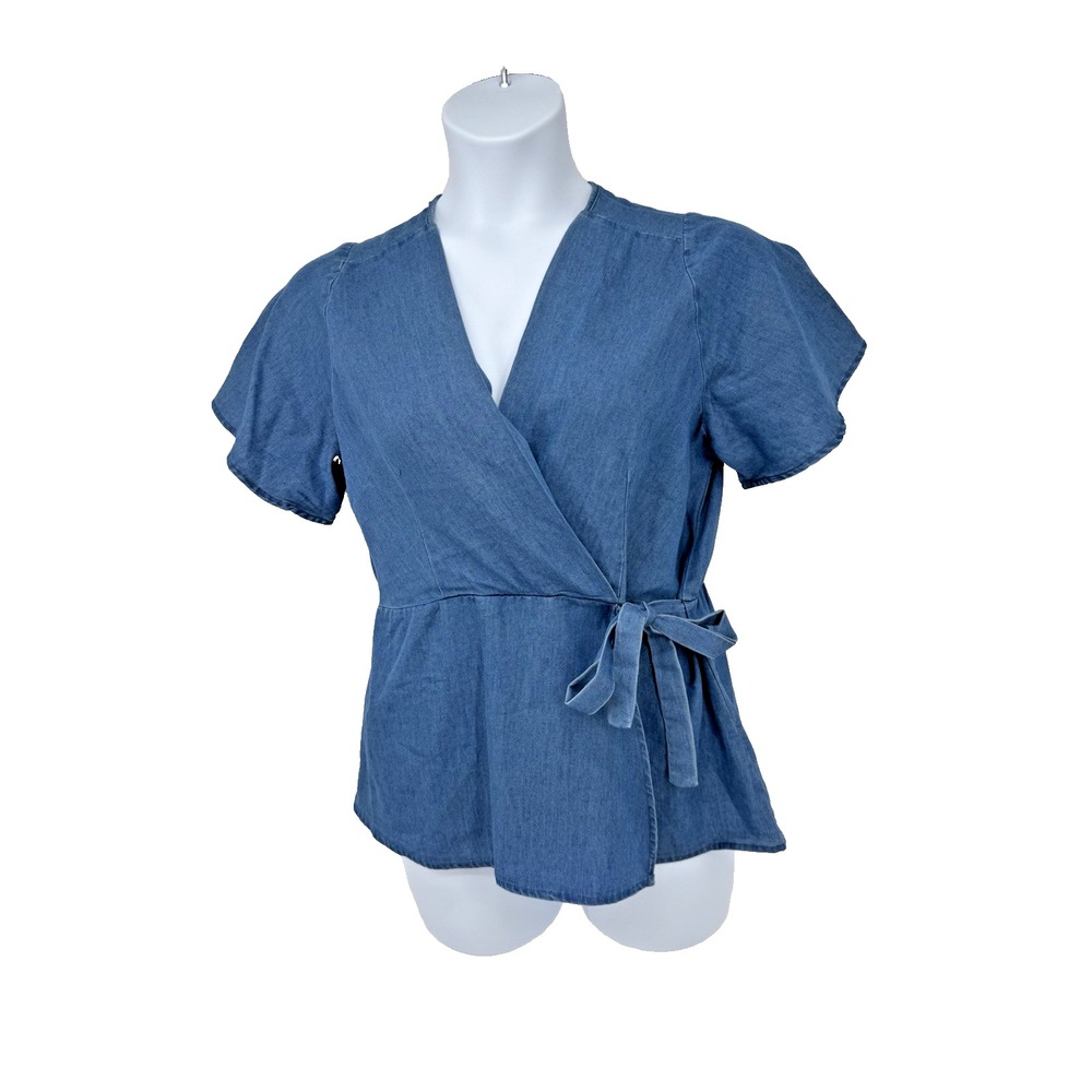 Alex & Parker Blue Chambray faux Wrap Tie Snap Blouse Western capsule cottage XL